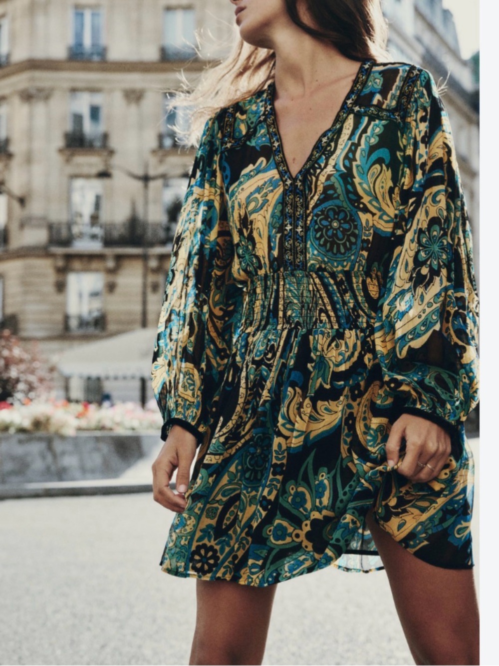 Zara Teal and Mustard Paisley V-Neck Mini Dress